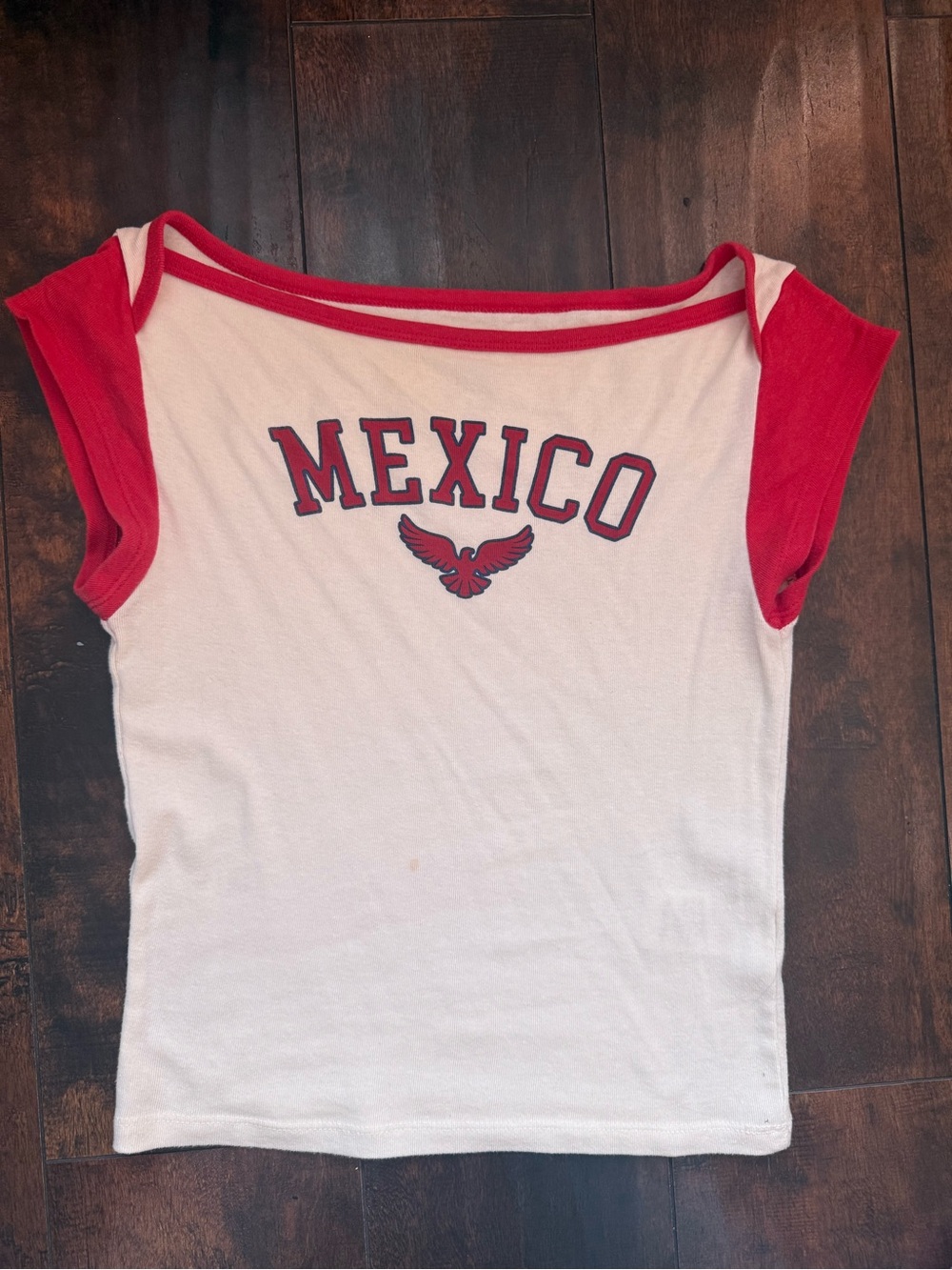 BDG White Tee with Red Mexico Graphic and Cap Sleeves